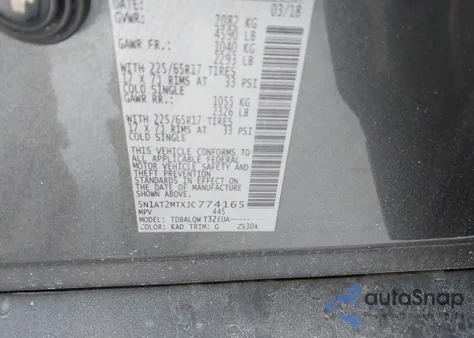 2018 Nissan Rogue Sv из США, поврежденный, VIN 5N1AT2MTXJC774165